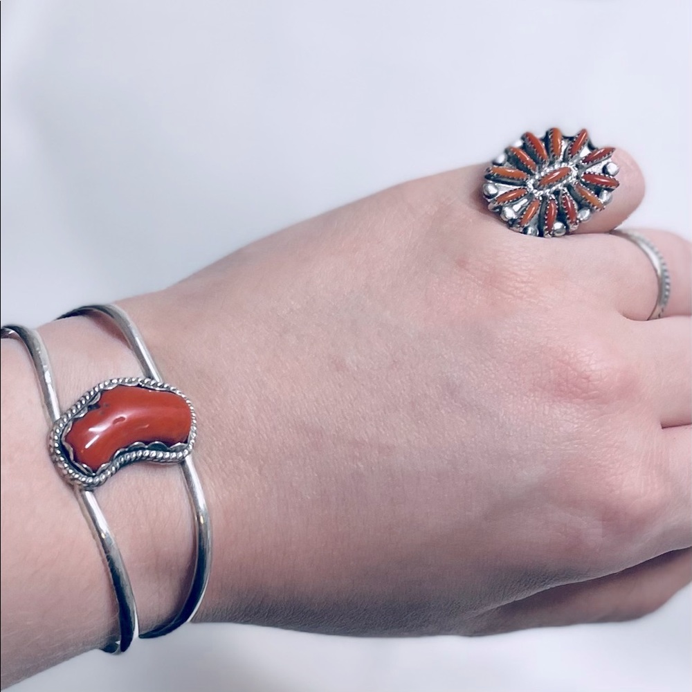 Red Coral Native American Silver Ring